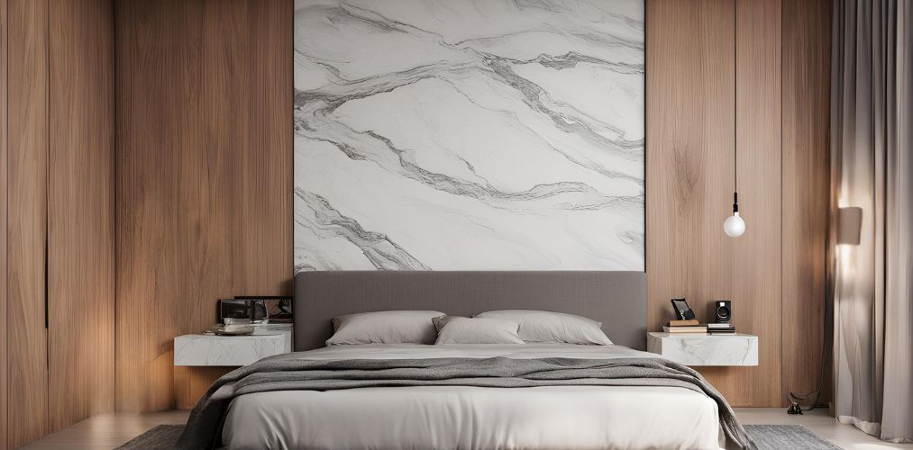 Modern bedroom with marble and wooden wall design - Beautiful Homes