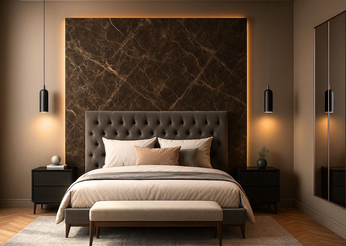 Modern bedroom with marble tile wall and pendant lighting - Beautiful Homes