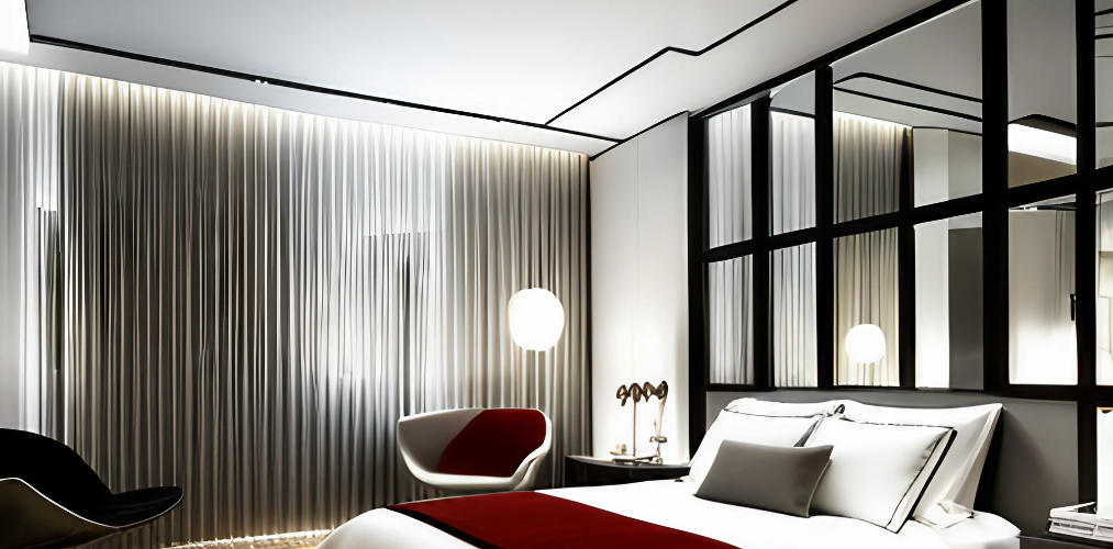Modern bedroom with mirrored wall paneling-Beautiful Homes