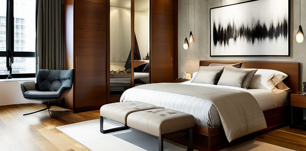Modern wooden bedroom with beige ottoman bench-Beautiful Homes