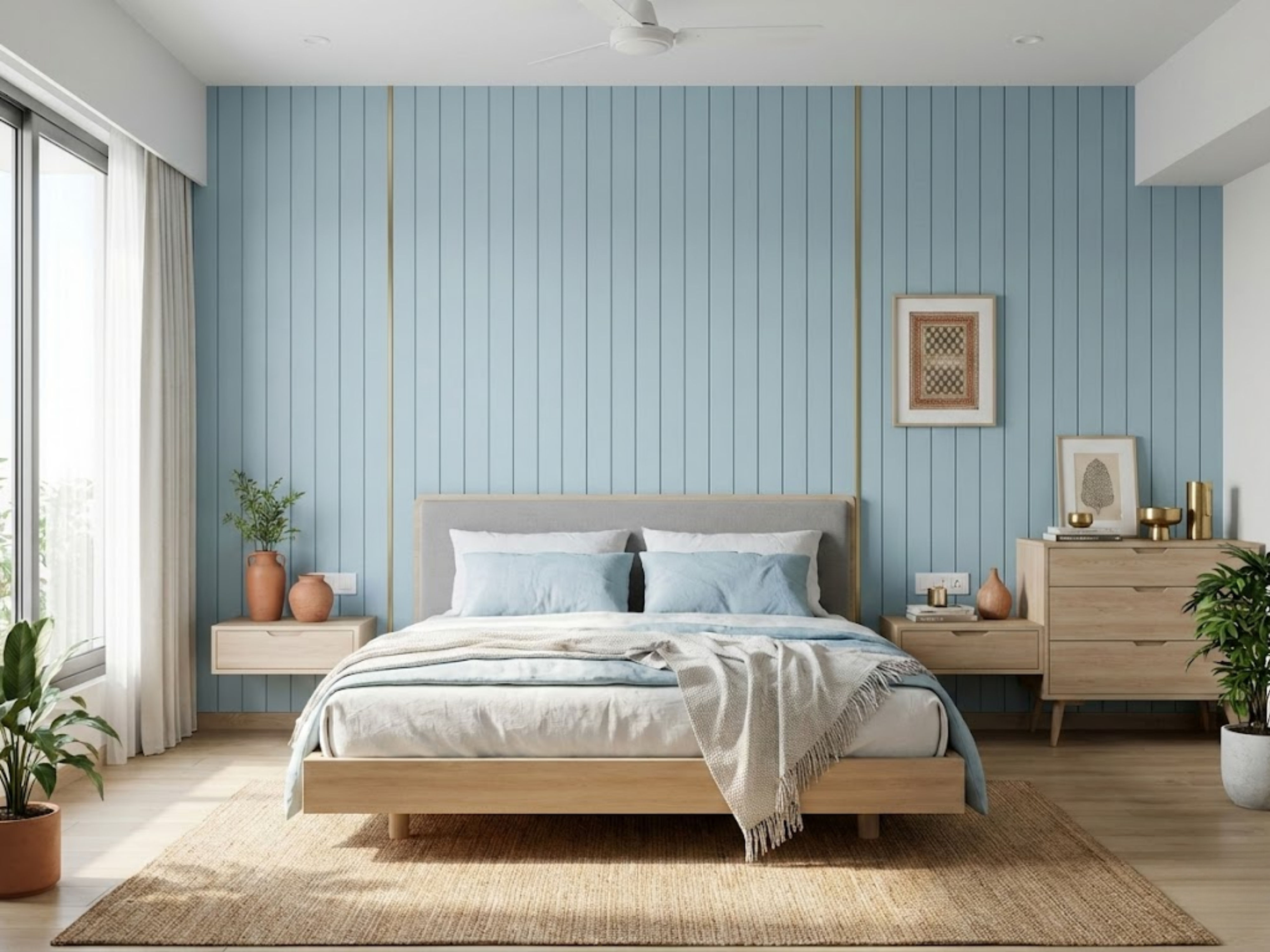 Modern bedroom with upholstered bed and tufted bench - Beautiful Homes