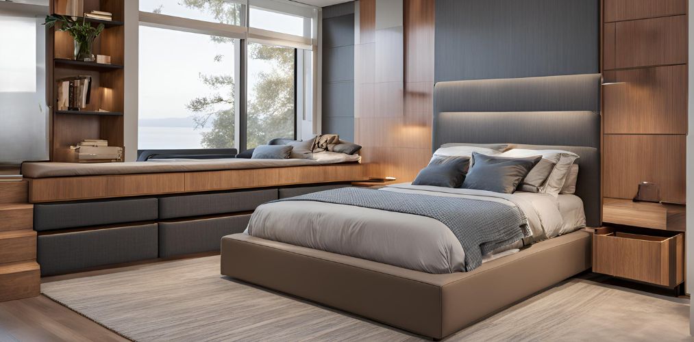 Modern bedroom with queen bed and bay seating with storage - Beautiful Homes