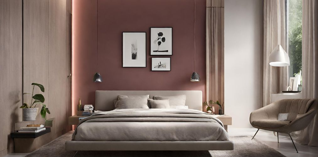 Modern bedroom with rustic brown wall and paintings - Beautiful Homes