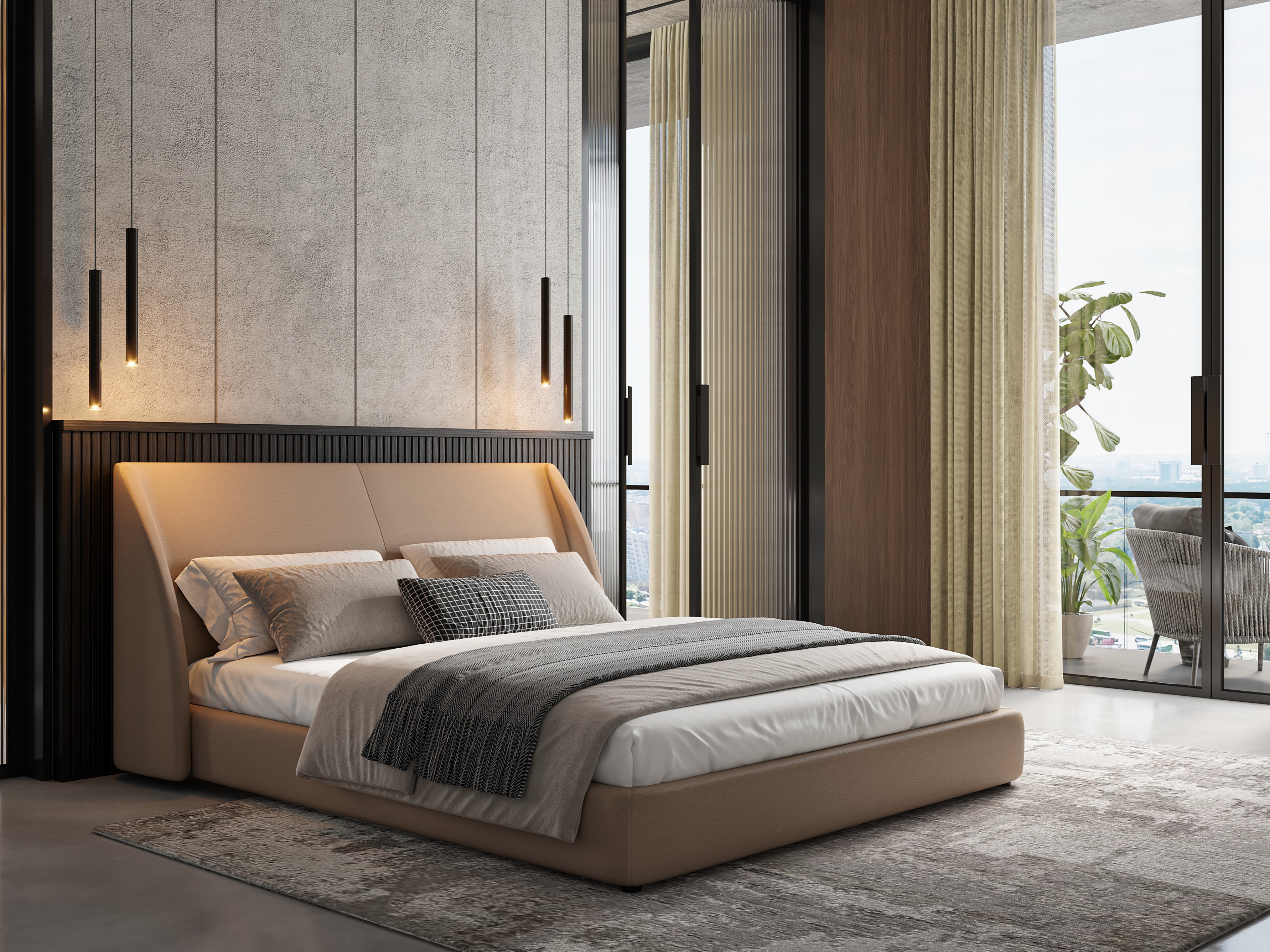 Bedroom with beige bed and pendant lights - Beautiful Homes