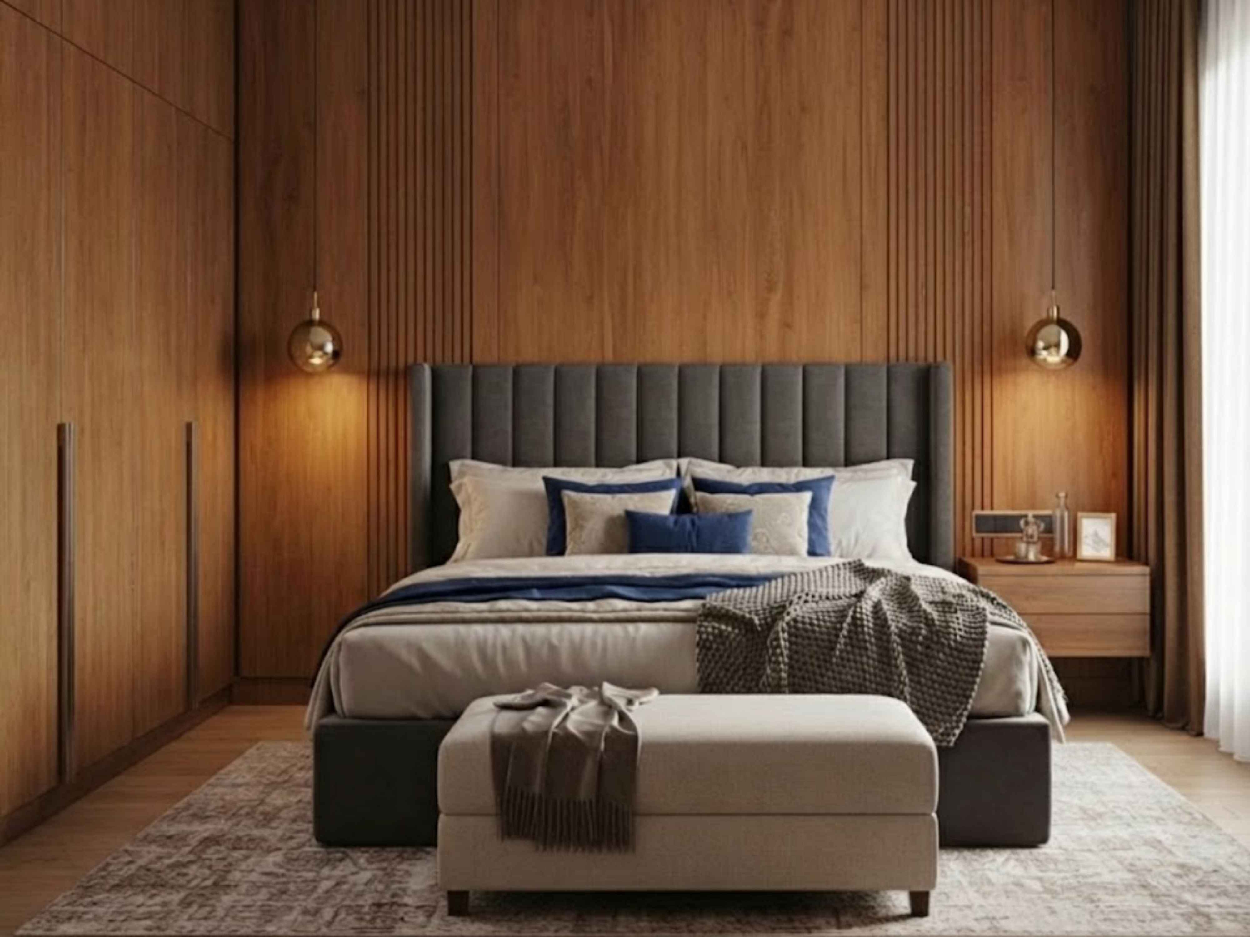Modern bedroom with upholstered bed and rattan wardrobe - Beautiful Homes