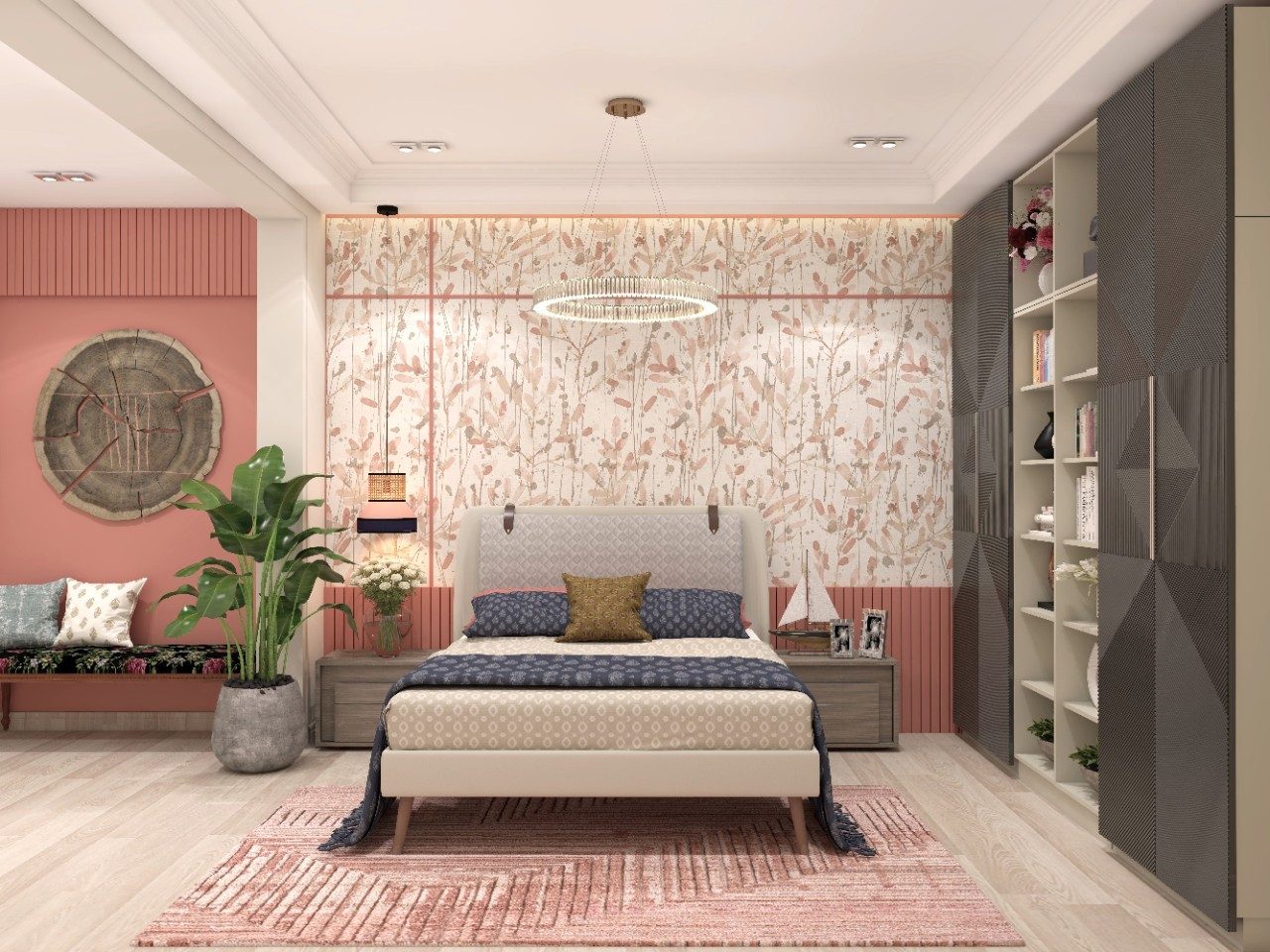 Modern bedroom with white and pink tropical wallpaper - Beautiful Homes