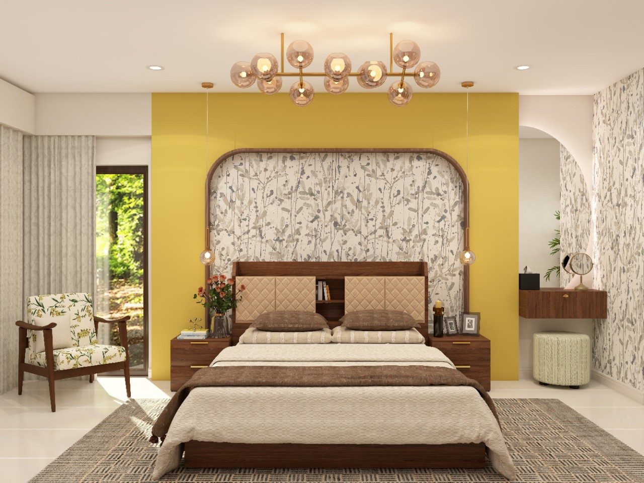 Modern bedroom with wooden bed and yellow painted wall - Beautiful Homes