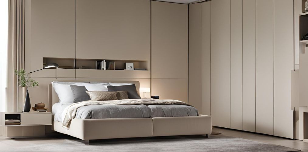 Modern beige master bedroom with full height wardrobe - Beautiful Homes