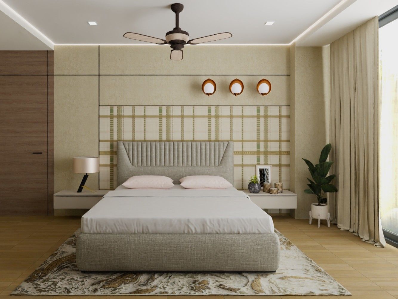 Modern bedroom featuring a tufted headboard, abstract rug, and warm lighting - Beautiful Homes