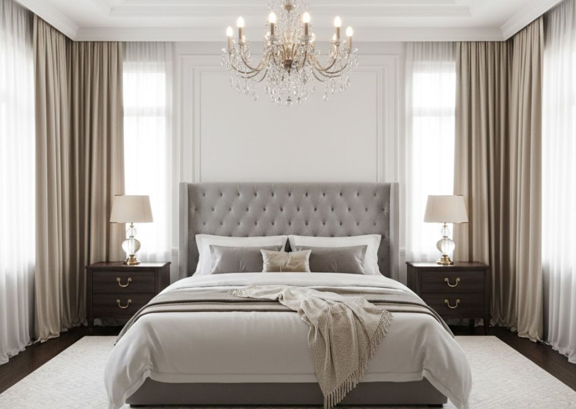 Modern bedroom with grey headboard and chandelier - Beautiful Homes
