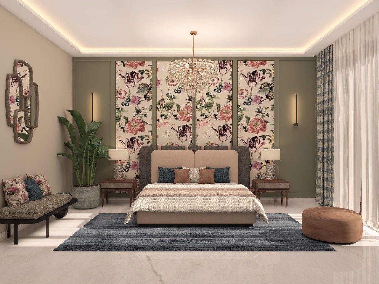 Modern bedroom with floral panels and chandelier - Beautiful Homes