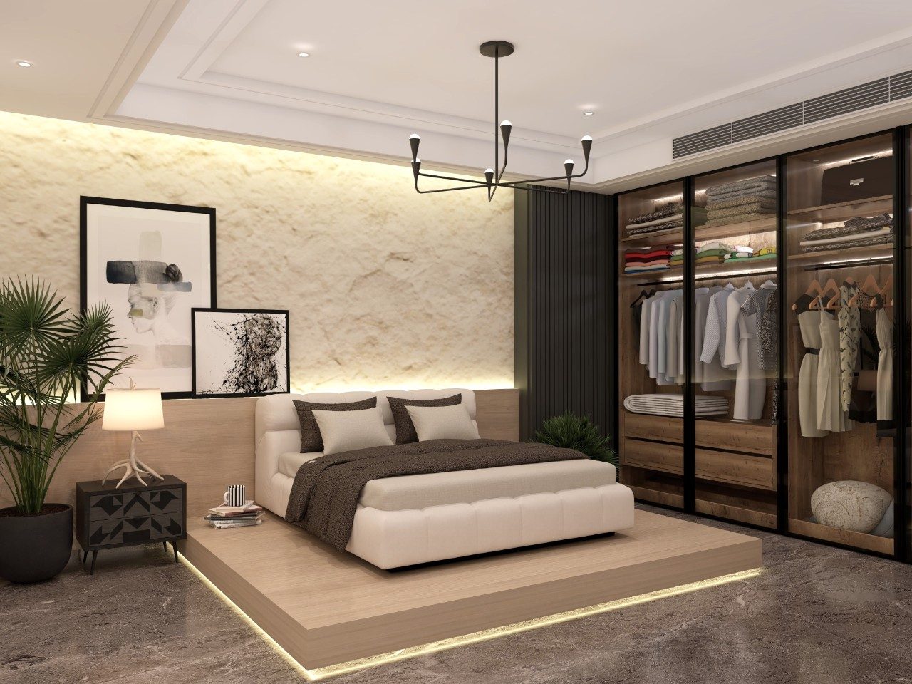 Modern Contemporary Bedroom Design with Nilaya Luxe Furniture and White Upholstered Bed - Beautiful Homes