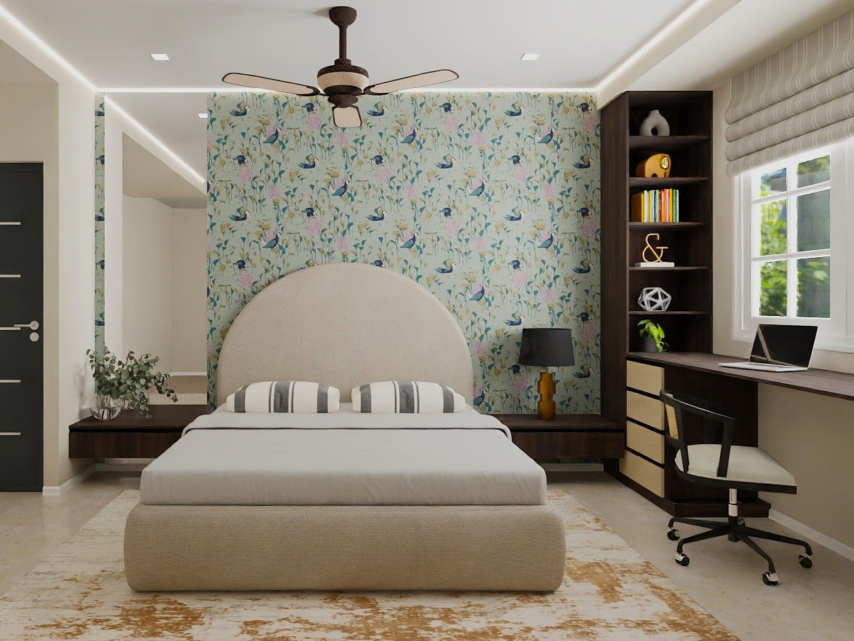 Modern bedroom featuring an arched headboard, sage green wallpaper, and built-in desk - Beautiful Homes