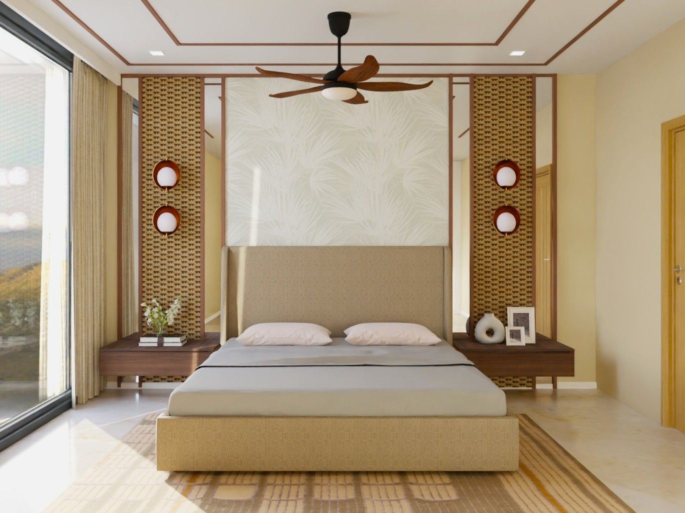 Modern bedroom with beige bed, tropical wallpaper, and large window - Beautiful Homes