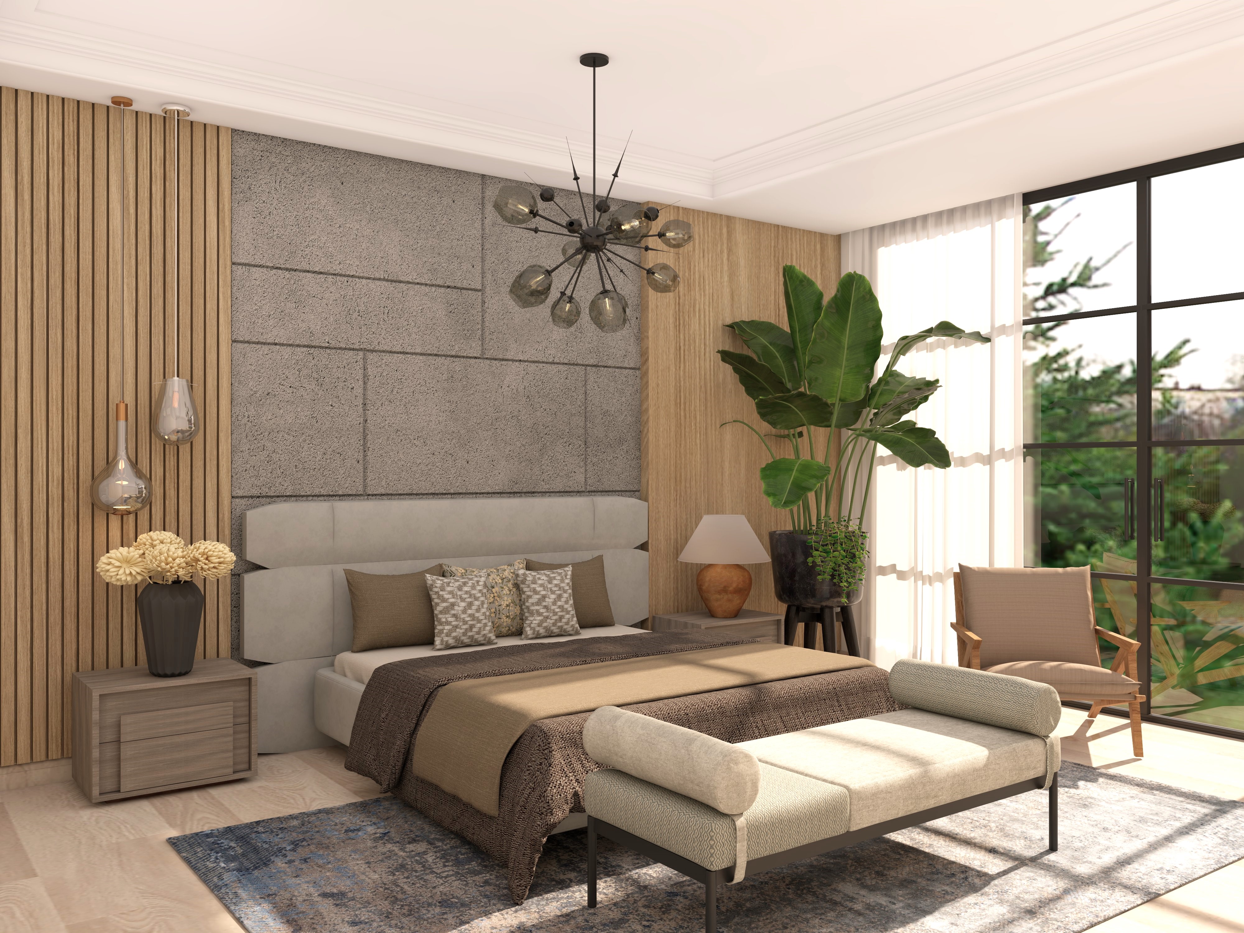 Modern contemporary bedroom with concrete and wooden wall panels - Beautiful Homes