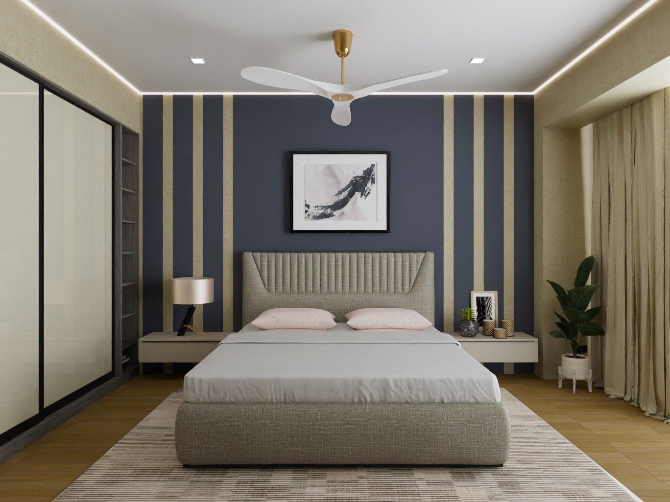 Master bedroom featuring navy walls, gold accents, and minimalist décor - Beautiful Homes