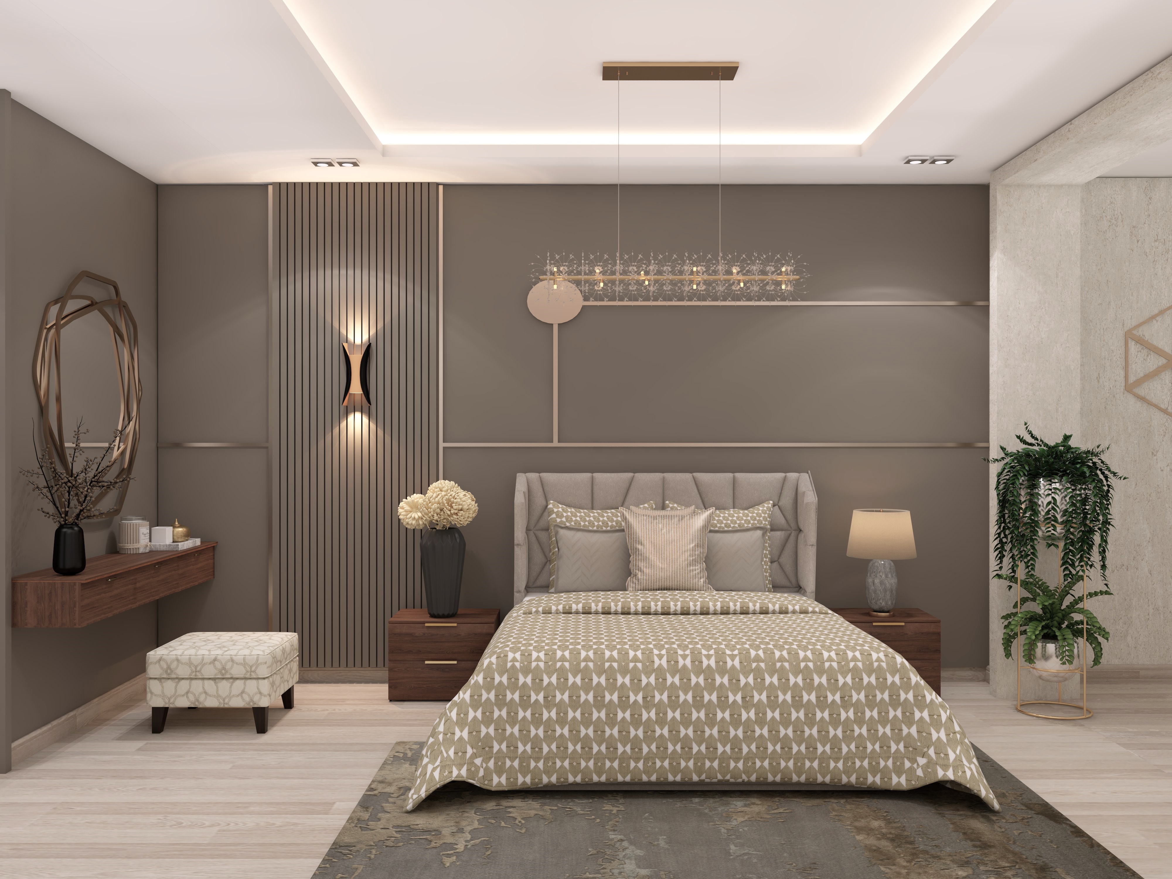 Modern bedroom with grey bed and wooden elements - Beautiful Homes