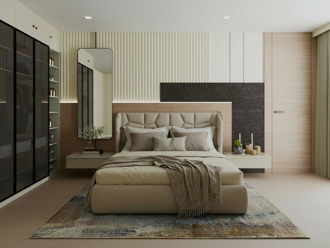 Contemporary bedroom featuring a quilted headboard, layered textures, and warm lighting - Beautiful Homes