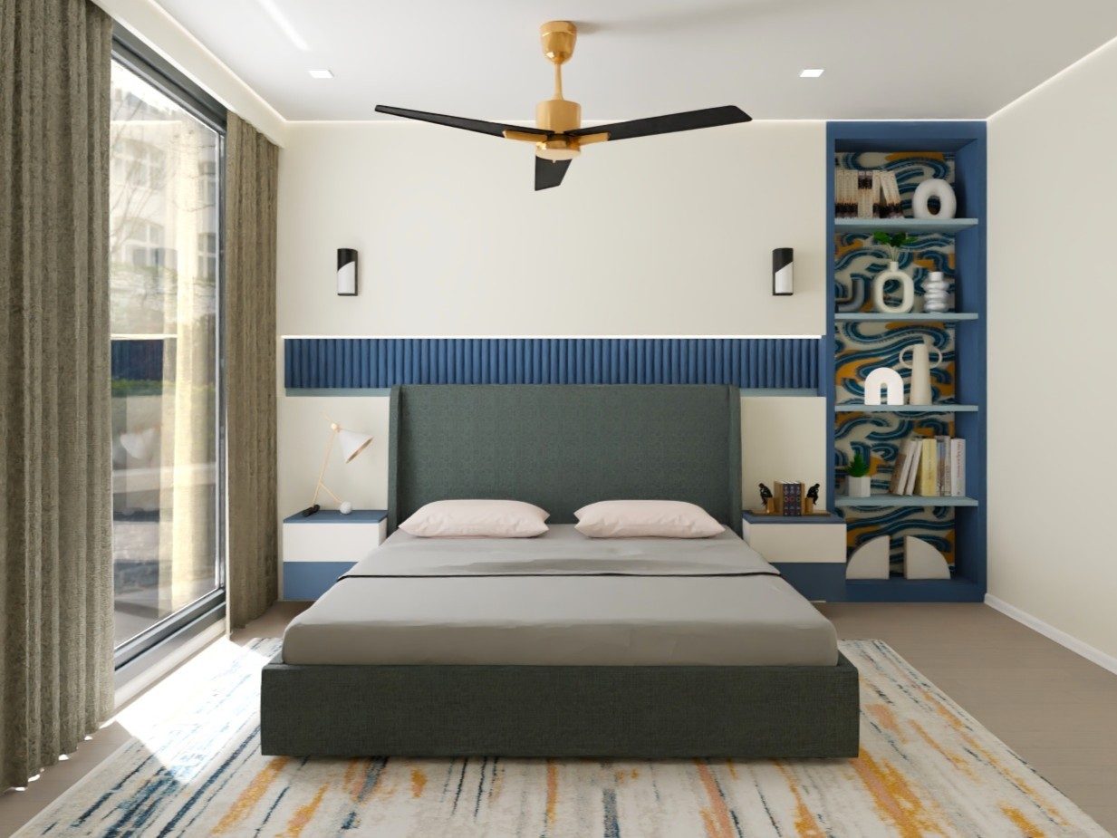 Modern bedroom with upholstered bed and blue accents - Beautiful Homes