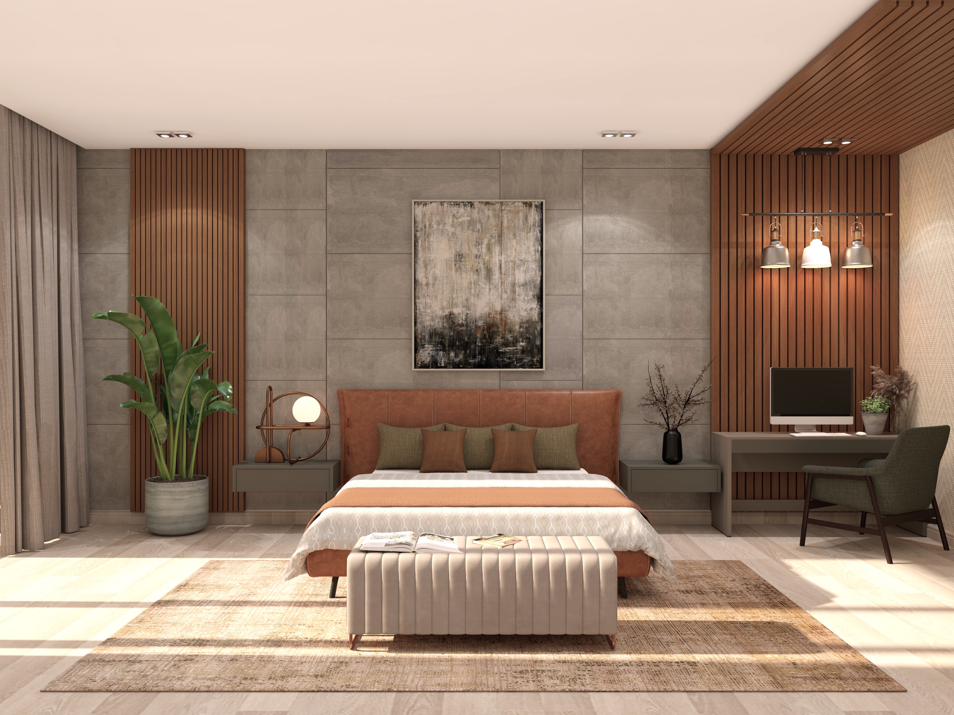 Modern contemporary bedroom with grey wall paneling and leather upholstered headboard - Beautiful Homes