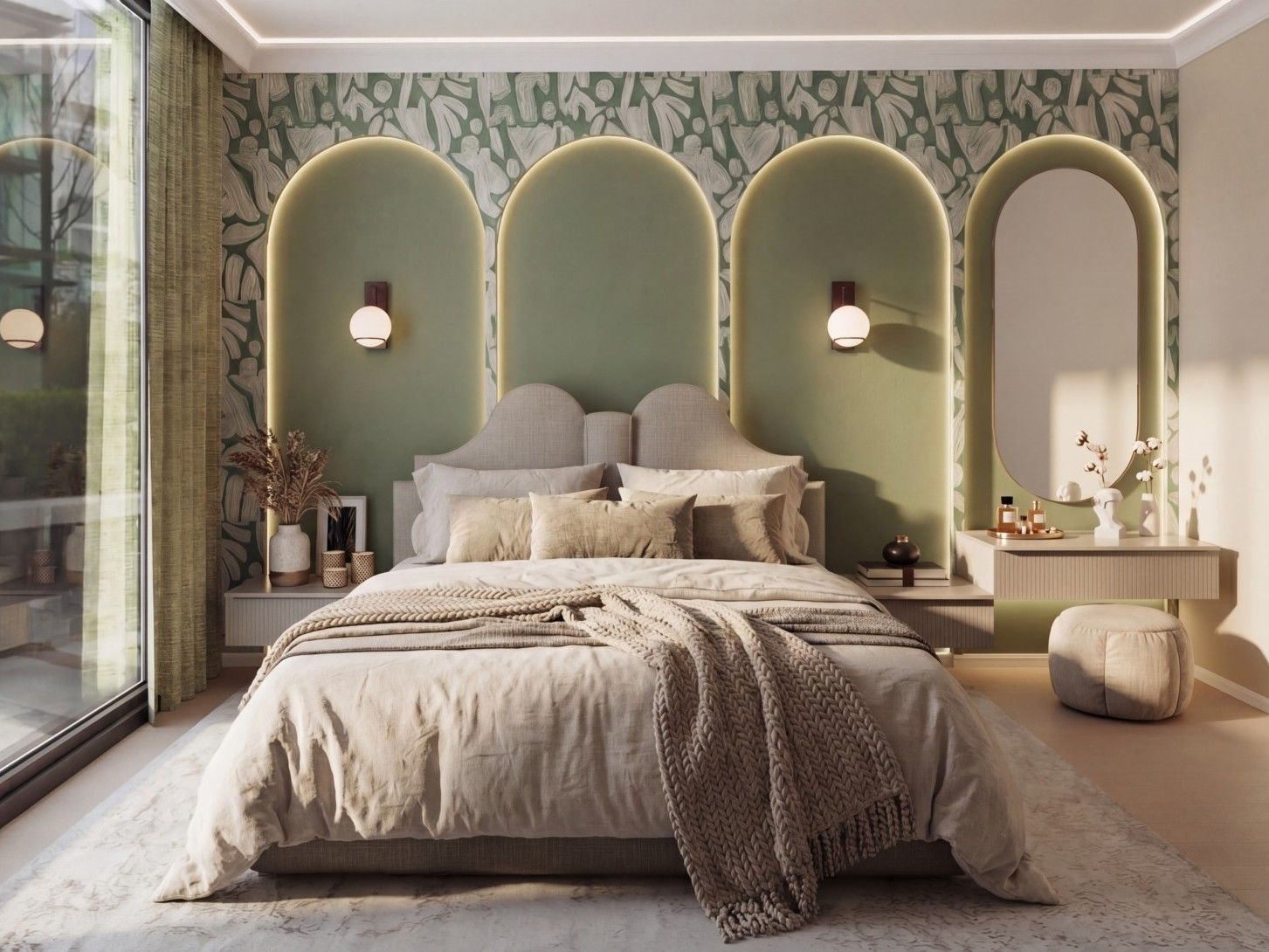 Luxury bedroom featuring sage green arches, organic textures, and soft lighting - Beautiful Homes