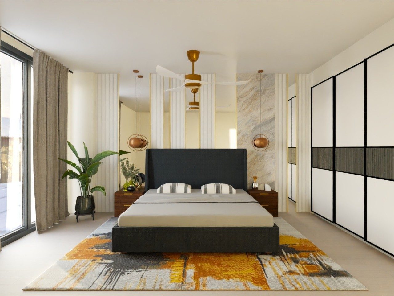 Modern bedroom with sliding wardrobe and décor - Beautiful Homes