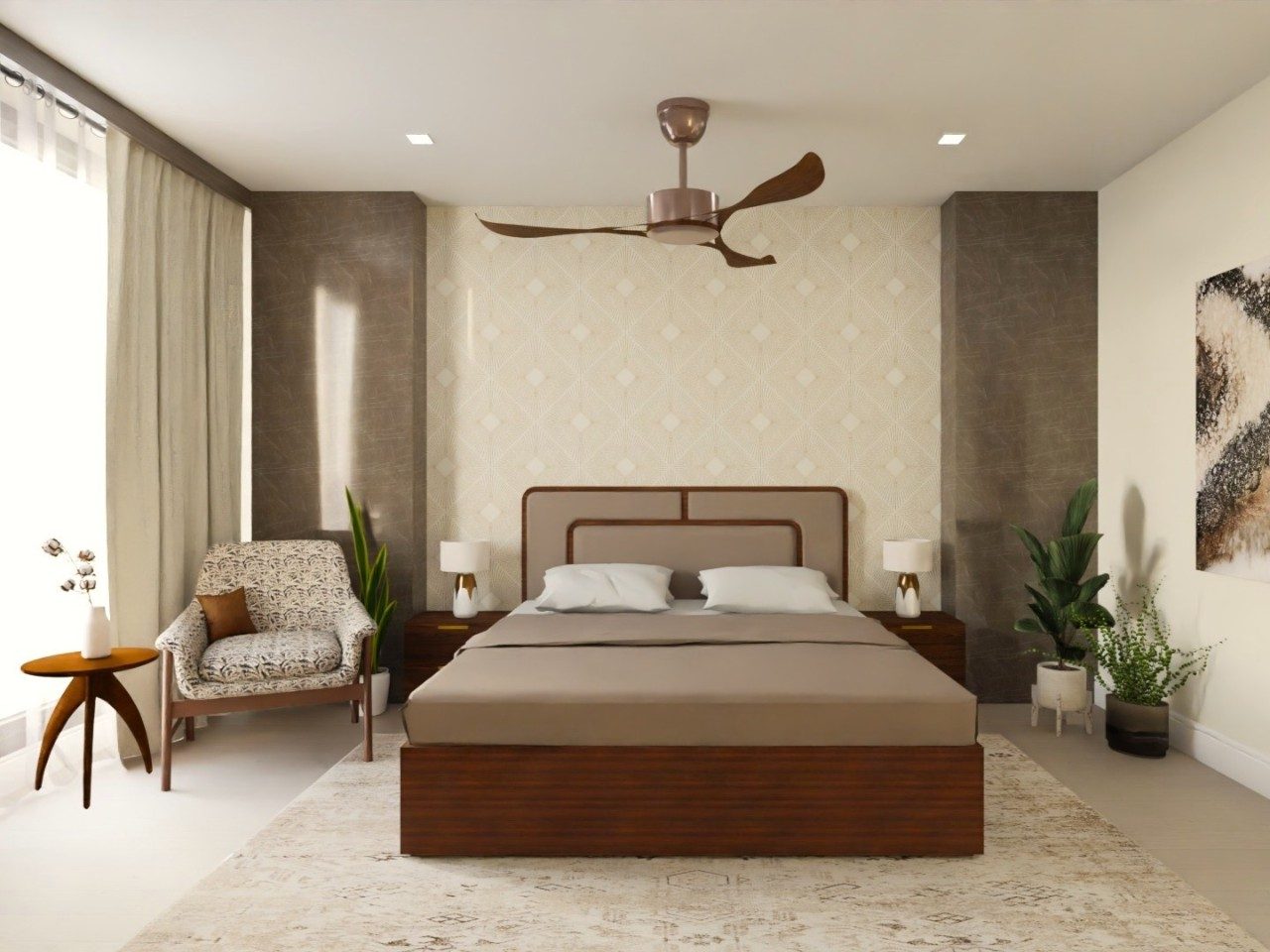 Modern bedroom with wooden bed and neutral décor- Beautiful Homes