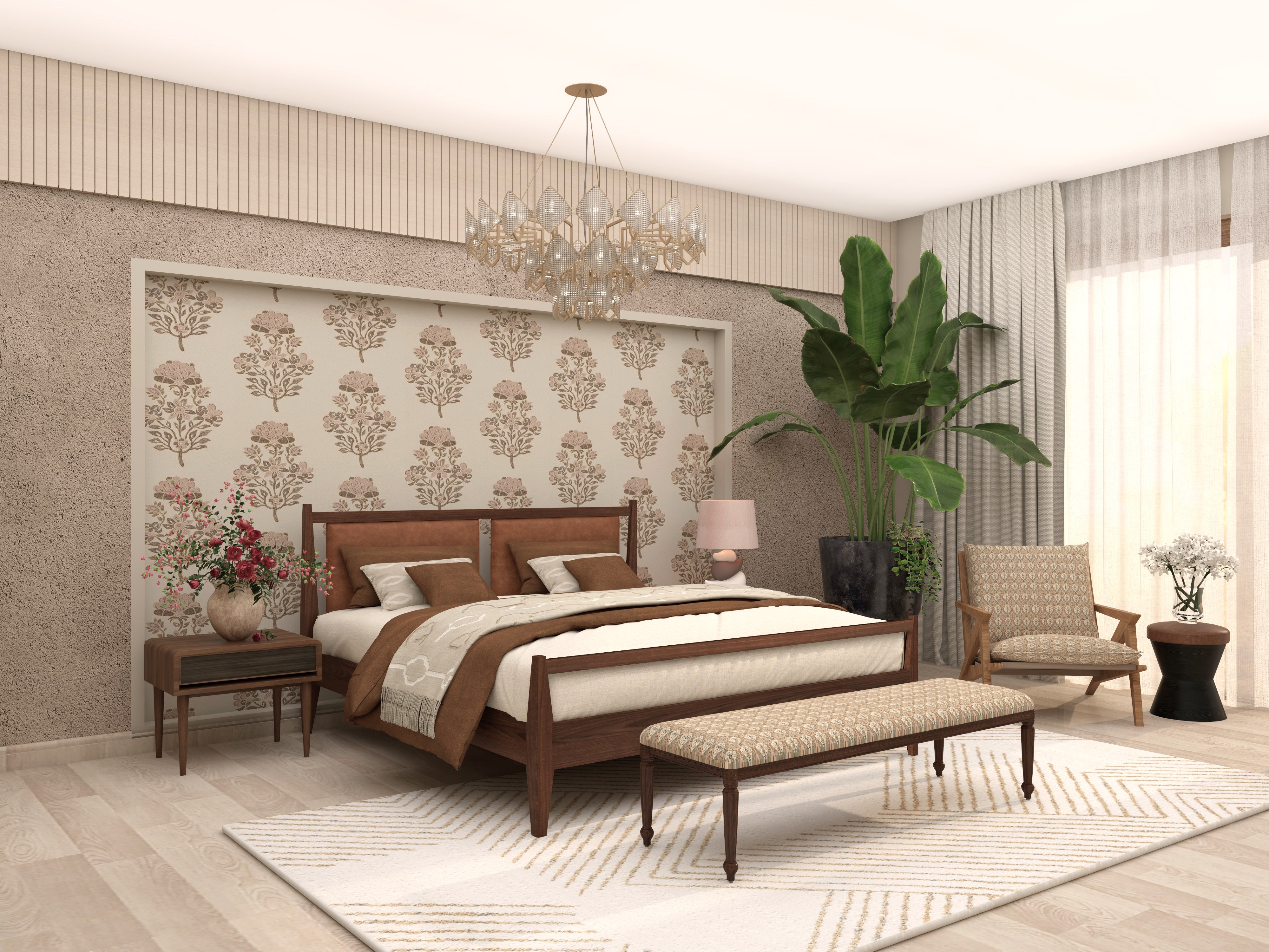 Modern contemporary bedroom with Nilaya Luxe wooden bed and Sabyasachi wallpaper - Beautiful Homes