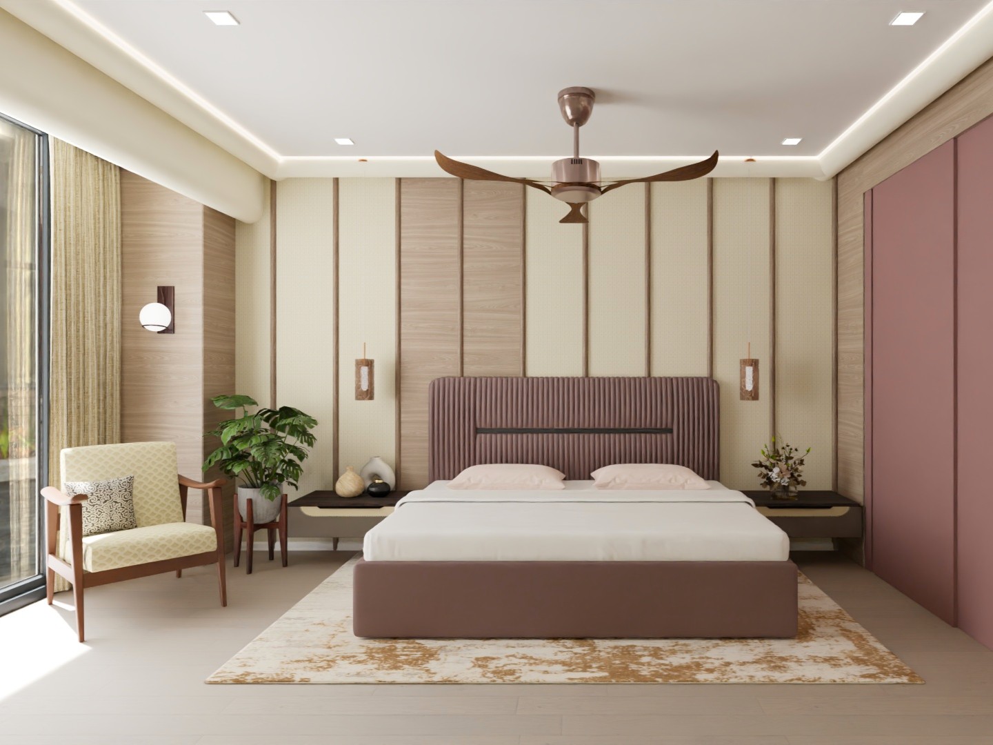 Modern bedroom with wood textures and soft lighting - Beautiful Homes