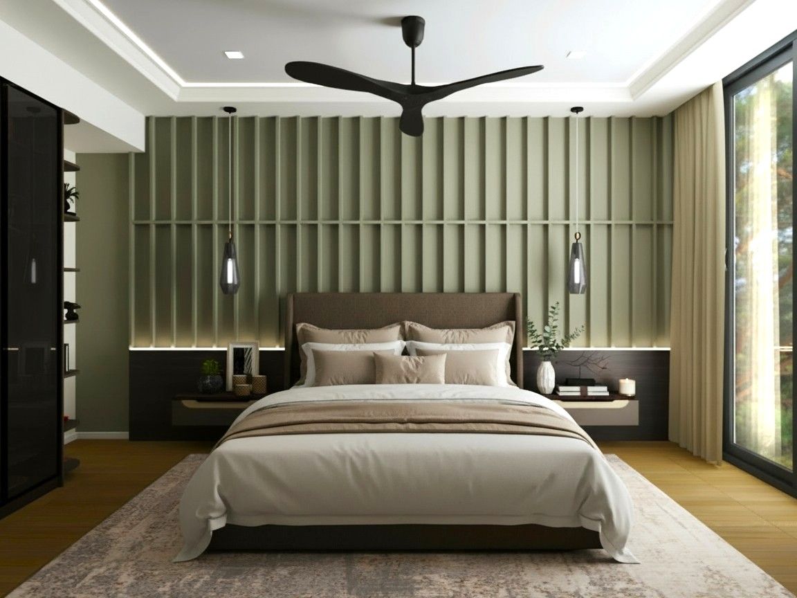 Luxury bedroom featuring an sage-green wall, layered lighting, and natural textures - Beautiful Homes