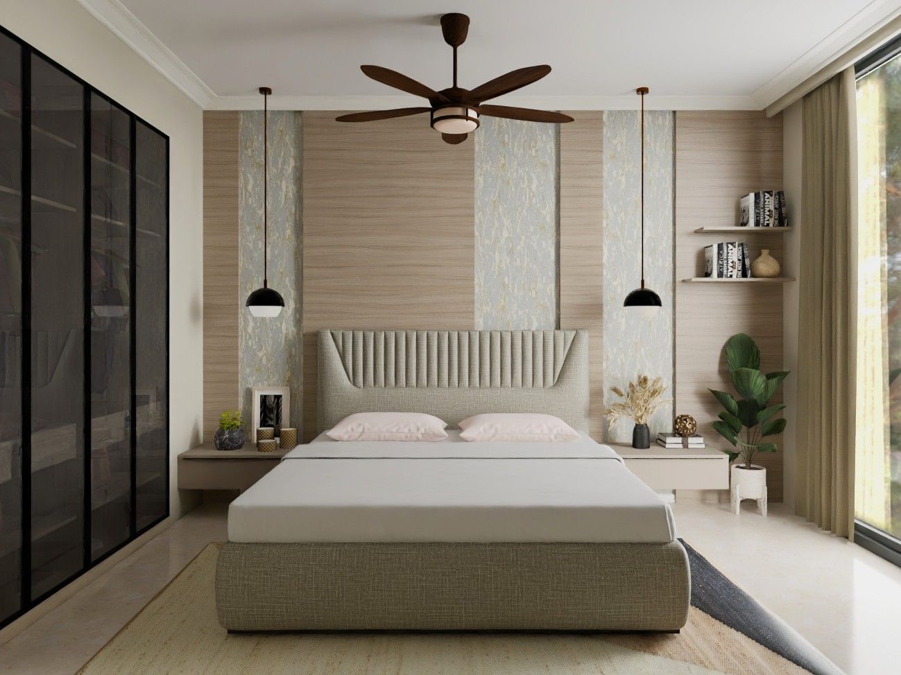 Stylish bedroom featuring a fluted headboard, pendant lights, and natural textures - Beautiful Homes