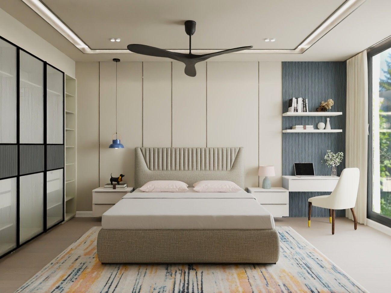 Stylish bedroom featuring a fluted headboard, built-in wardrobe, and a functional workspace - Beautiful Homes