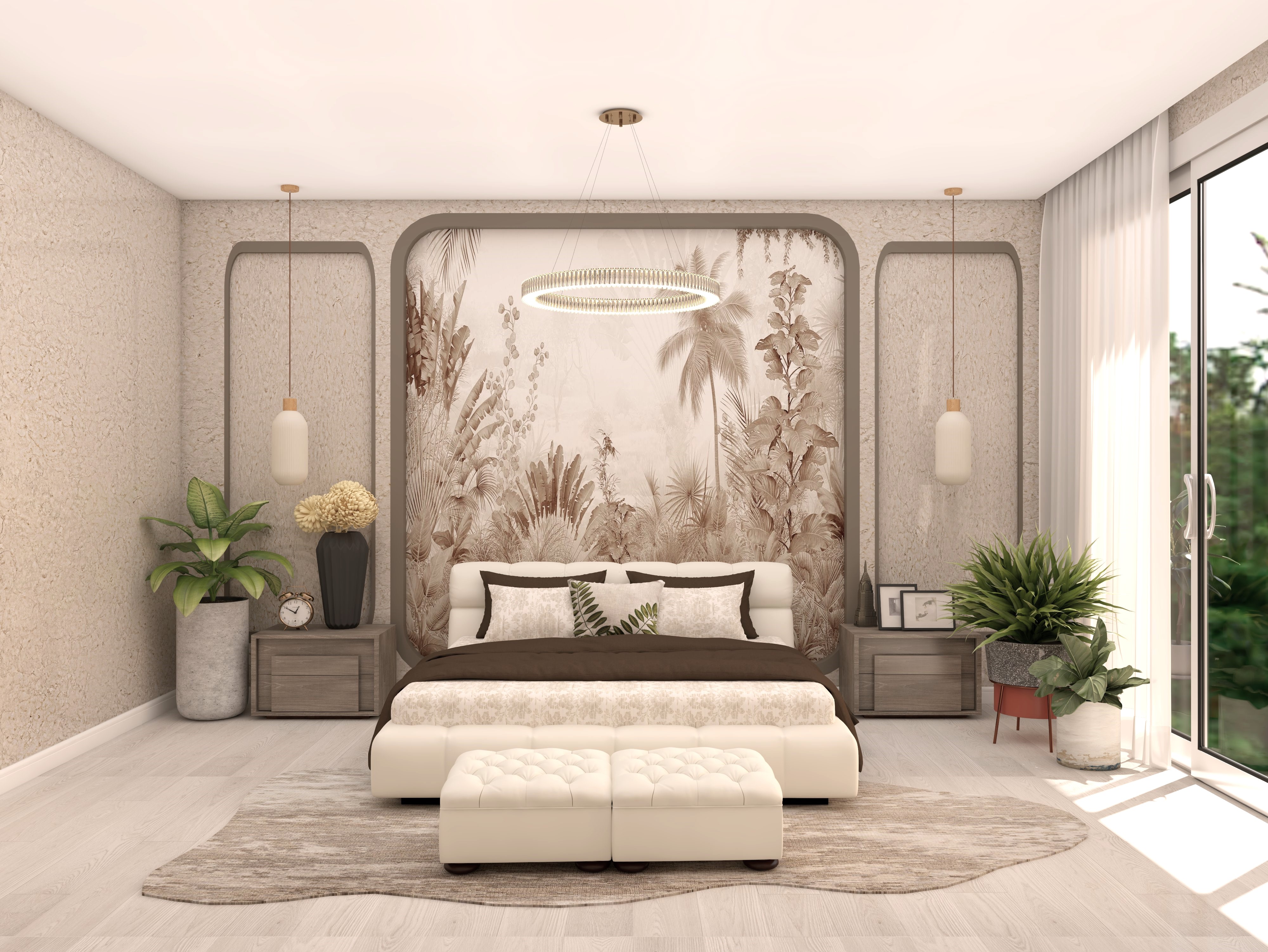 Modern contemporary grey and white bedroom with Nilaya luxe furniture and wallpaper - Beautiful Homes