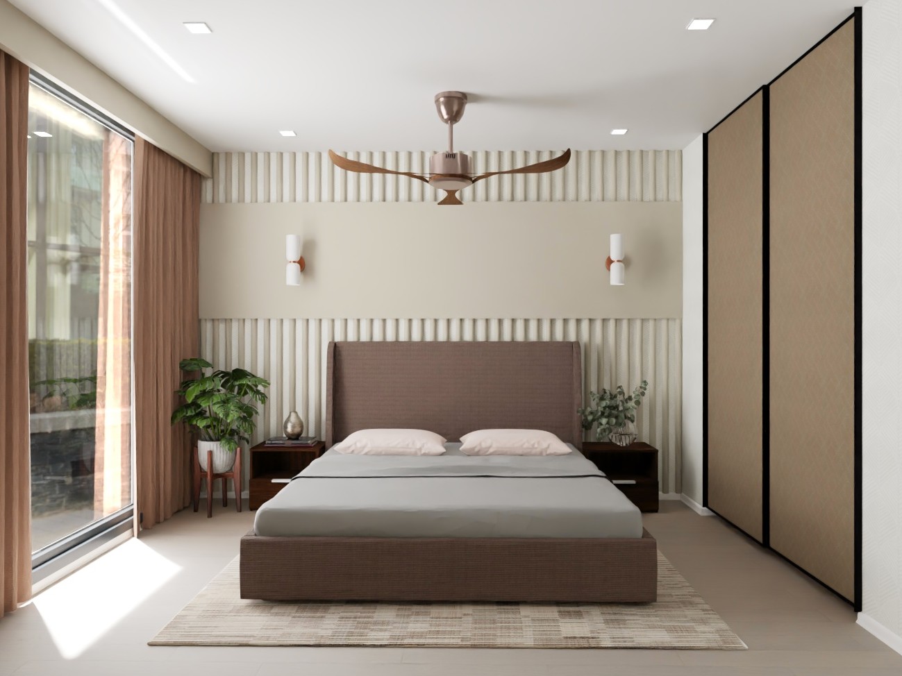 Neutral modern bedroom with wardrobe and bedside tables - Beautiful Homes