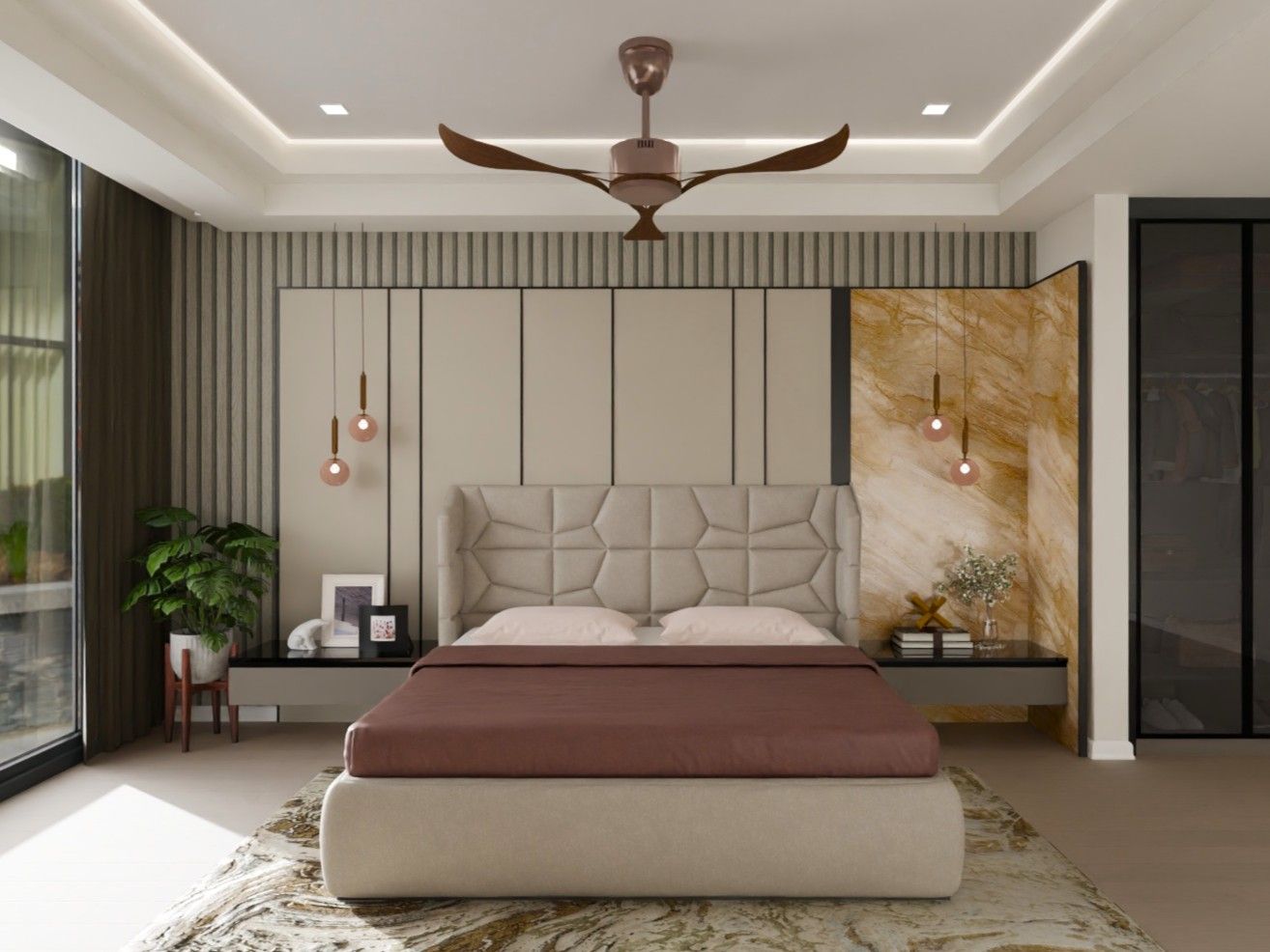 Luxurious bedroom with geometric headboard - Beautiful Homes