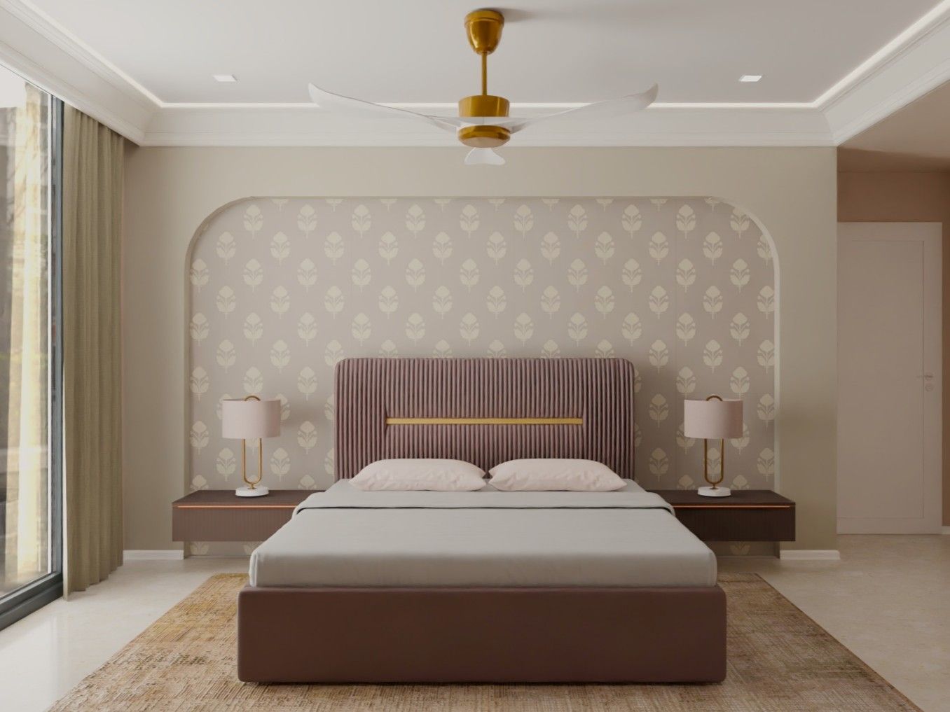 Elegant bedroom featuring a recessed arch, gold accents, and neutral tones - Beautiful Homes