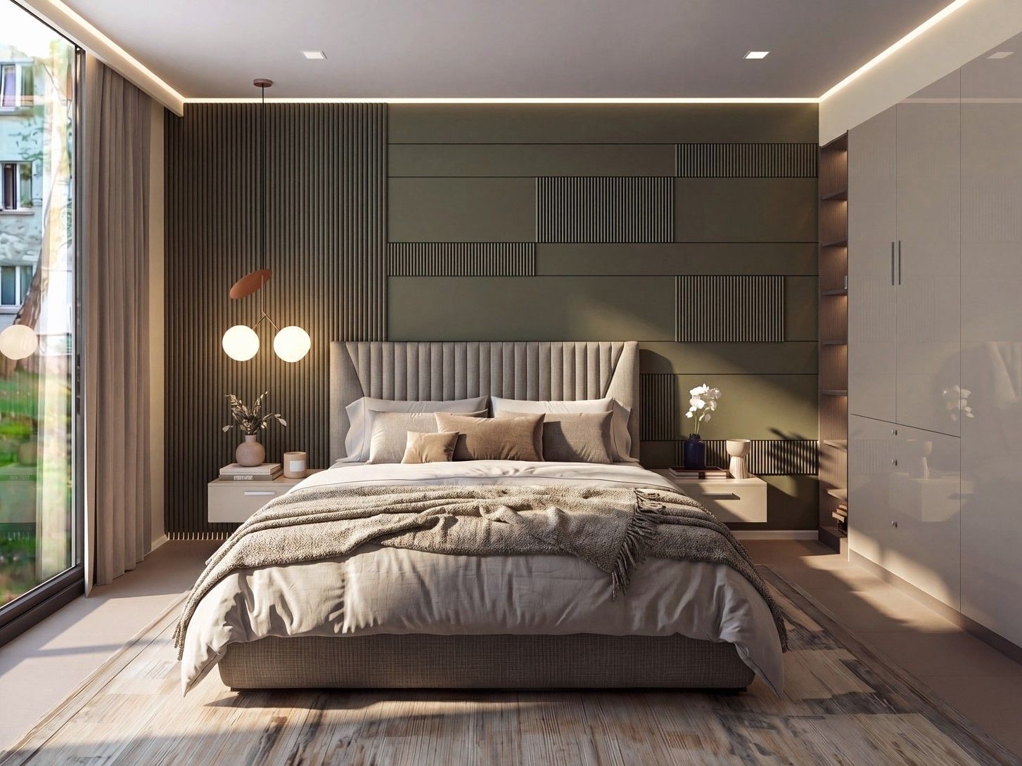 Luxury bedroom featuring an olive green textured wall, floating nightstands, and layered lighting - Beautiful Homes