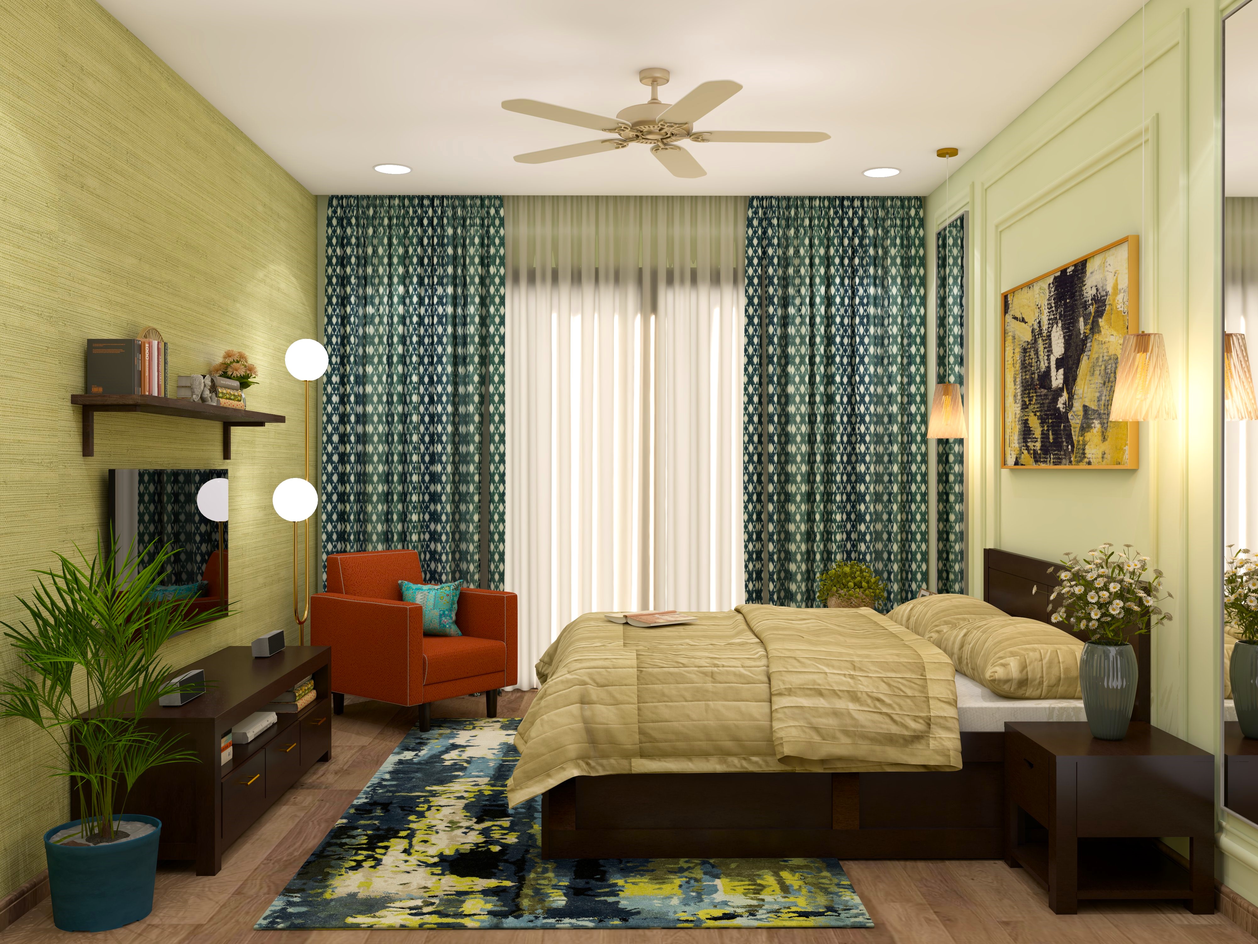 Green bedroom with tv unit and orange accent chair-Beautiful Homes