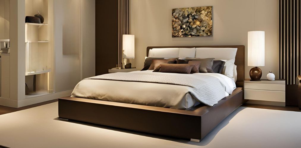 Modern cream bedroom with wooden upholstered bed - Beautiful Homes