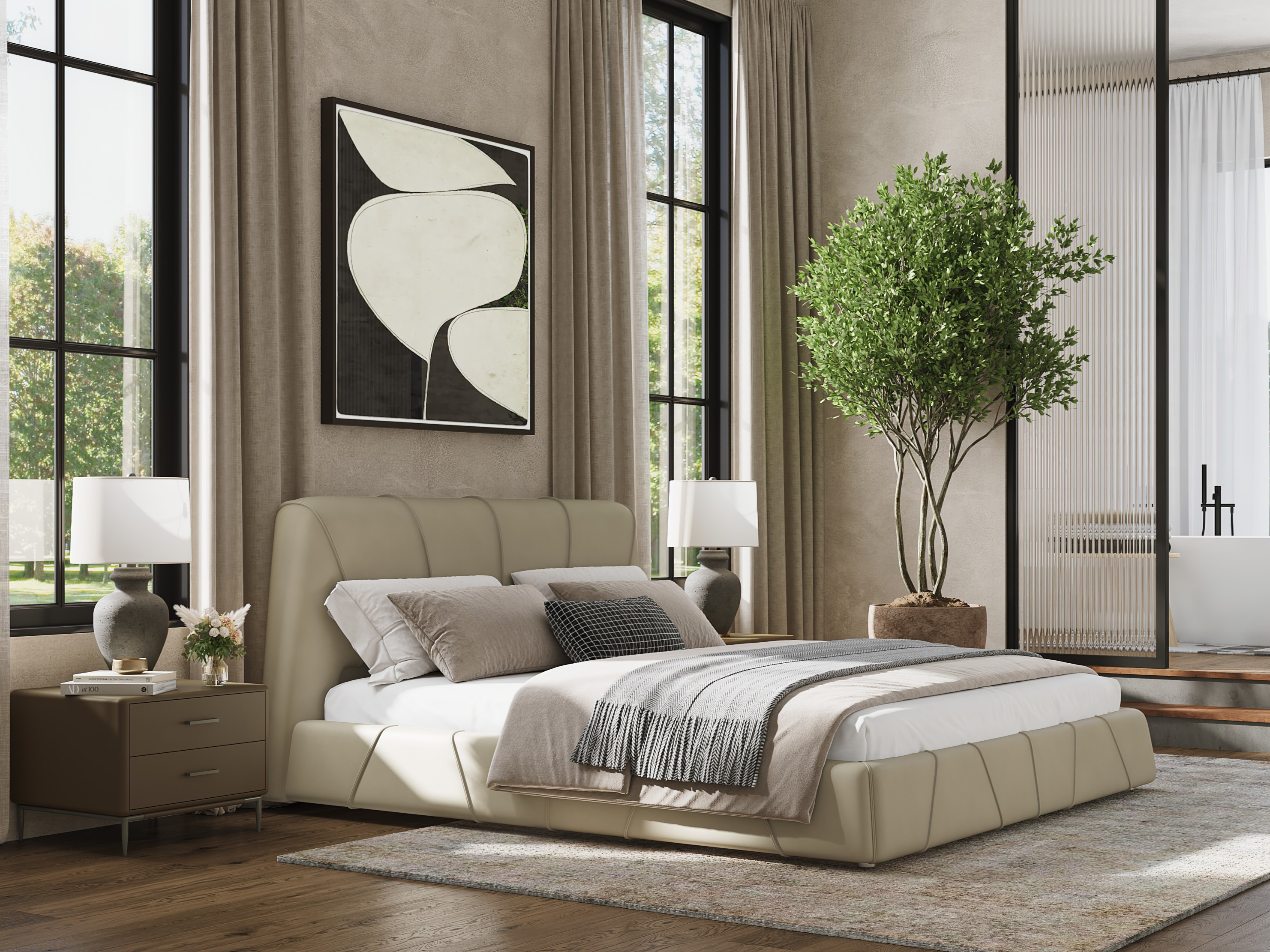 Modern bedroom with beige bed and wooden flooring - Beautiful Homes