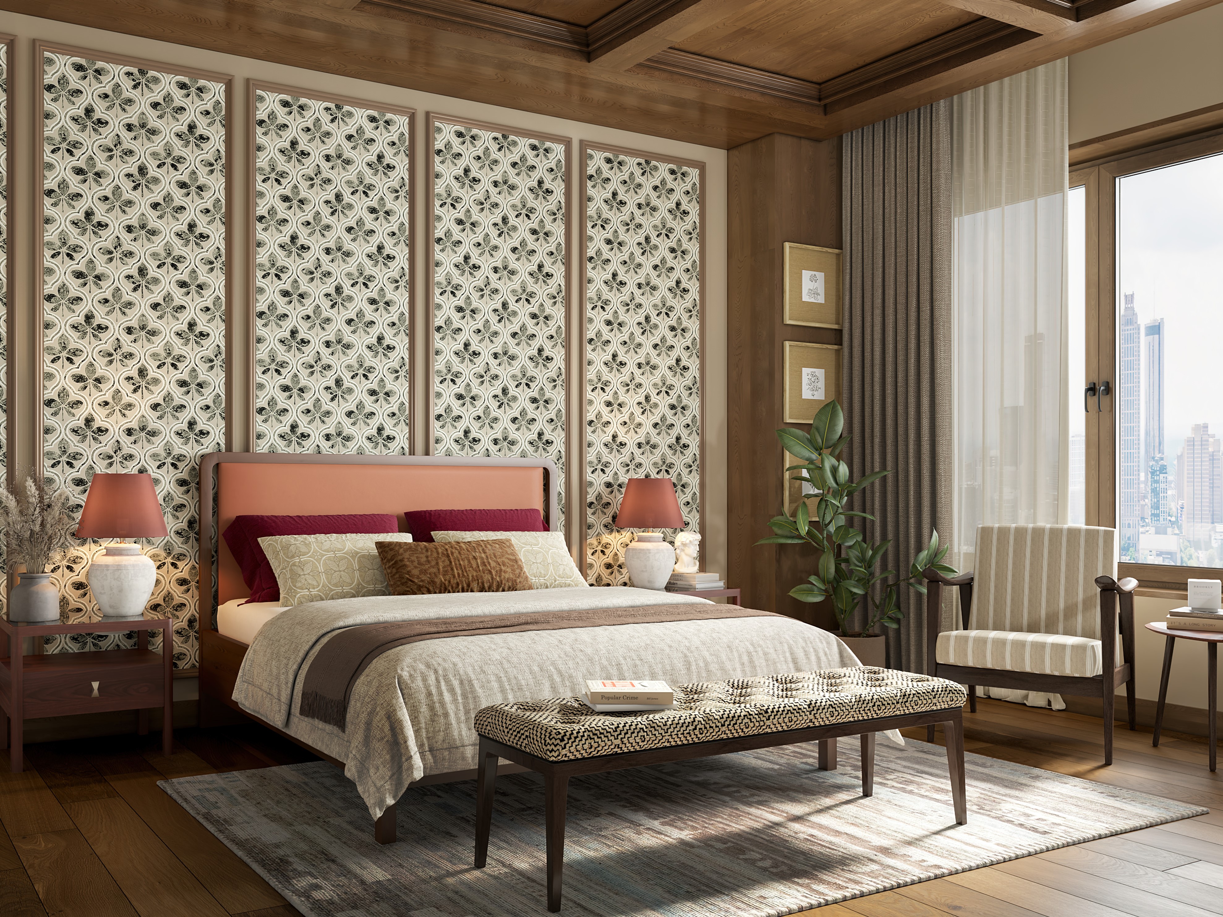 Stylish bedroom with patterned wall and wood floors - Beautiful Homes