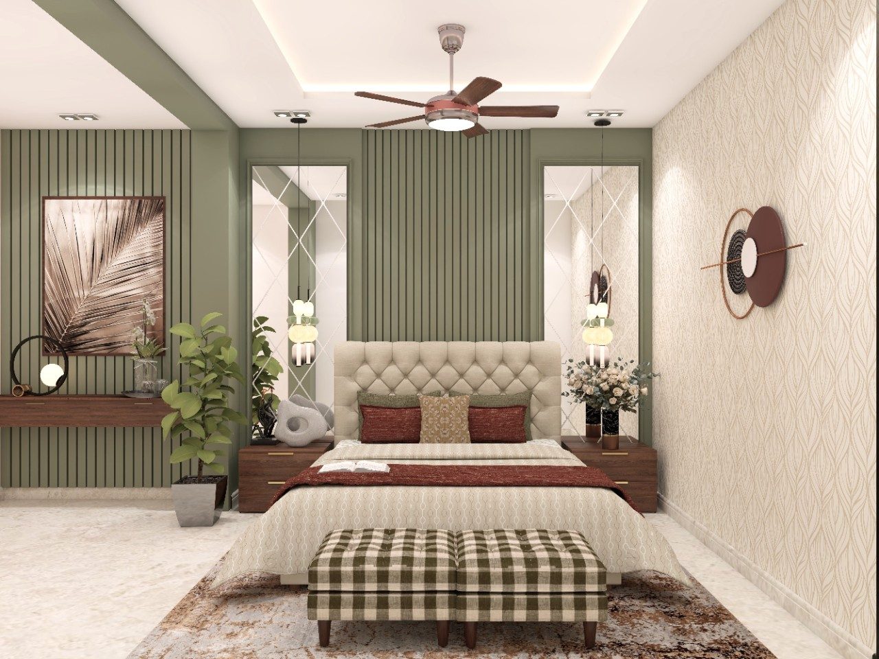 Modern guest bedroom with green wall paneling and bevelled mirrors on the corners - Beautiful Homes