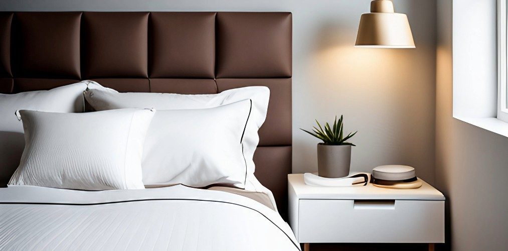 Brown headboard design with white bedside table-Beautiful Homes