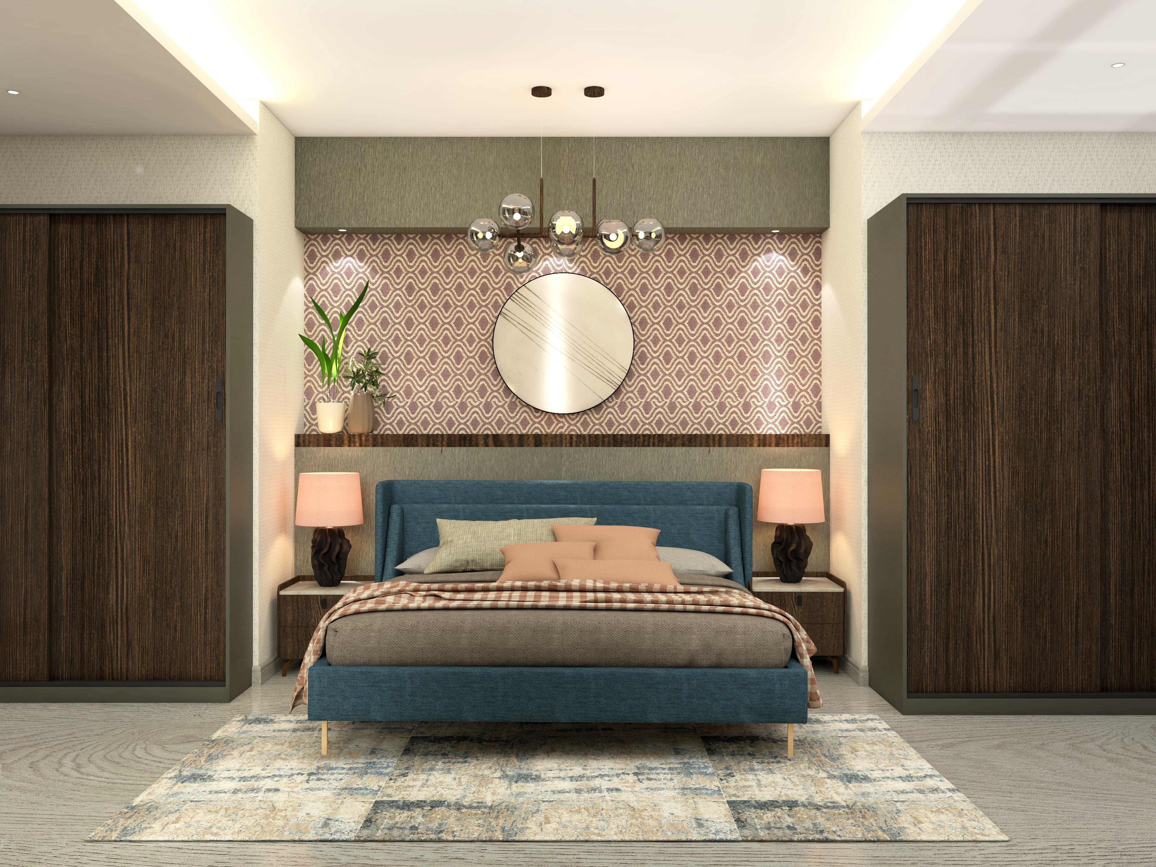 Modern Indian bedroom with dark blue upholstered bed - Beautiful Homes