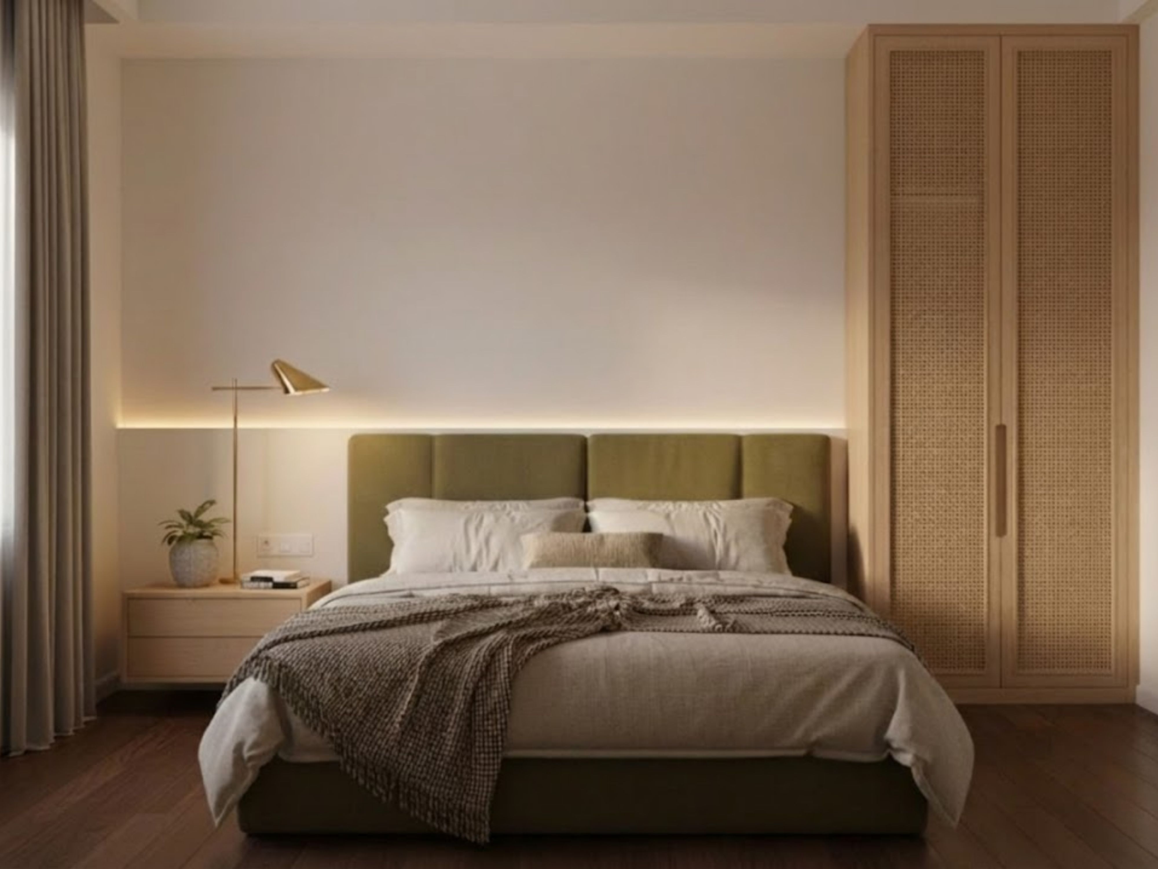 Bedroom with wooden walls and grey headboard - Beautiful Homes