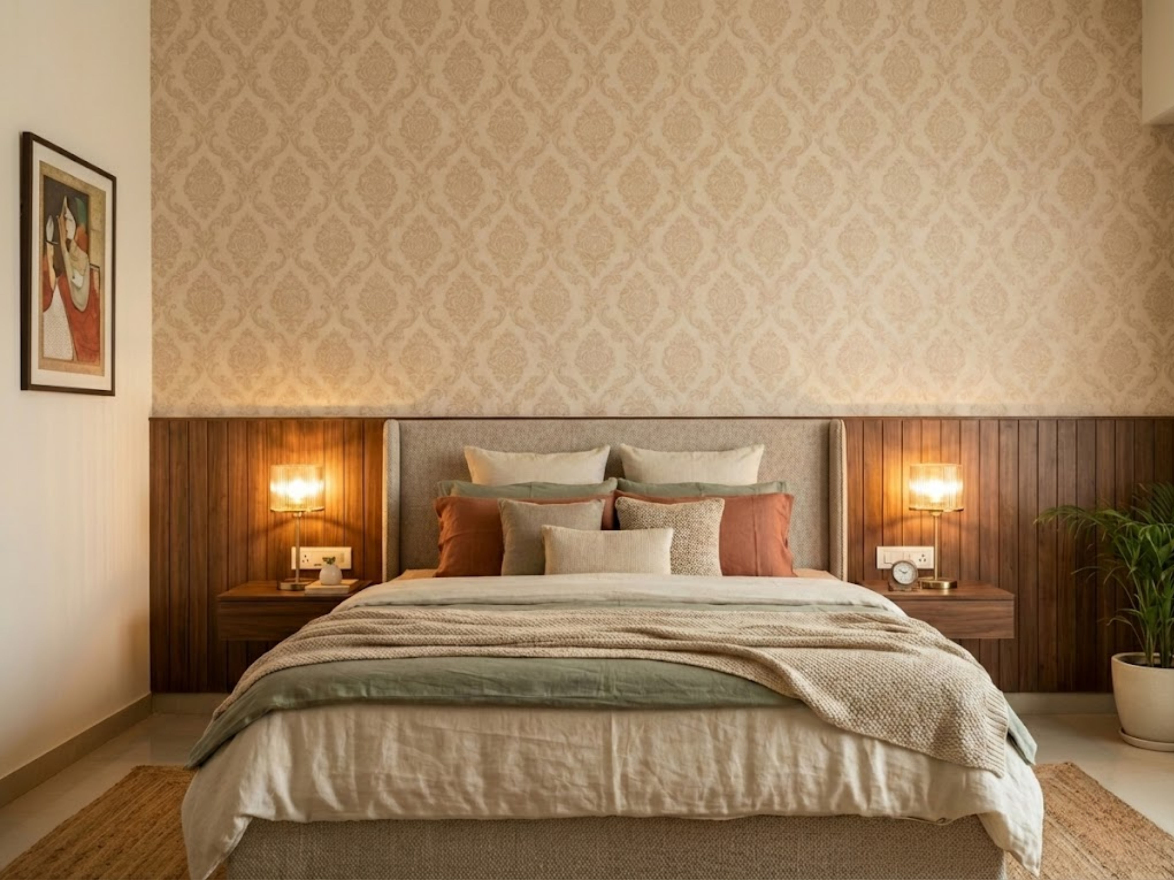 Modern bedroom with blue walls and wooden furniture - Beautiful Homes