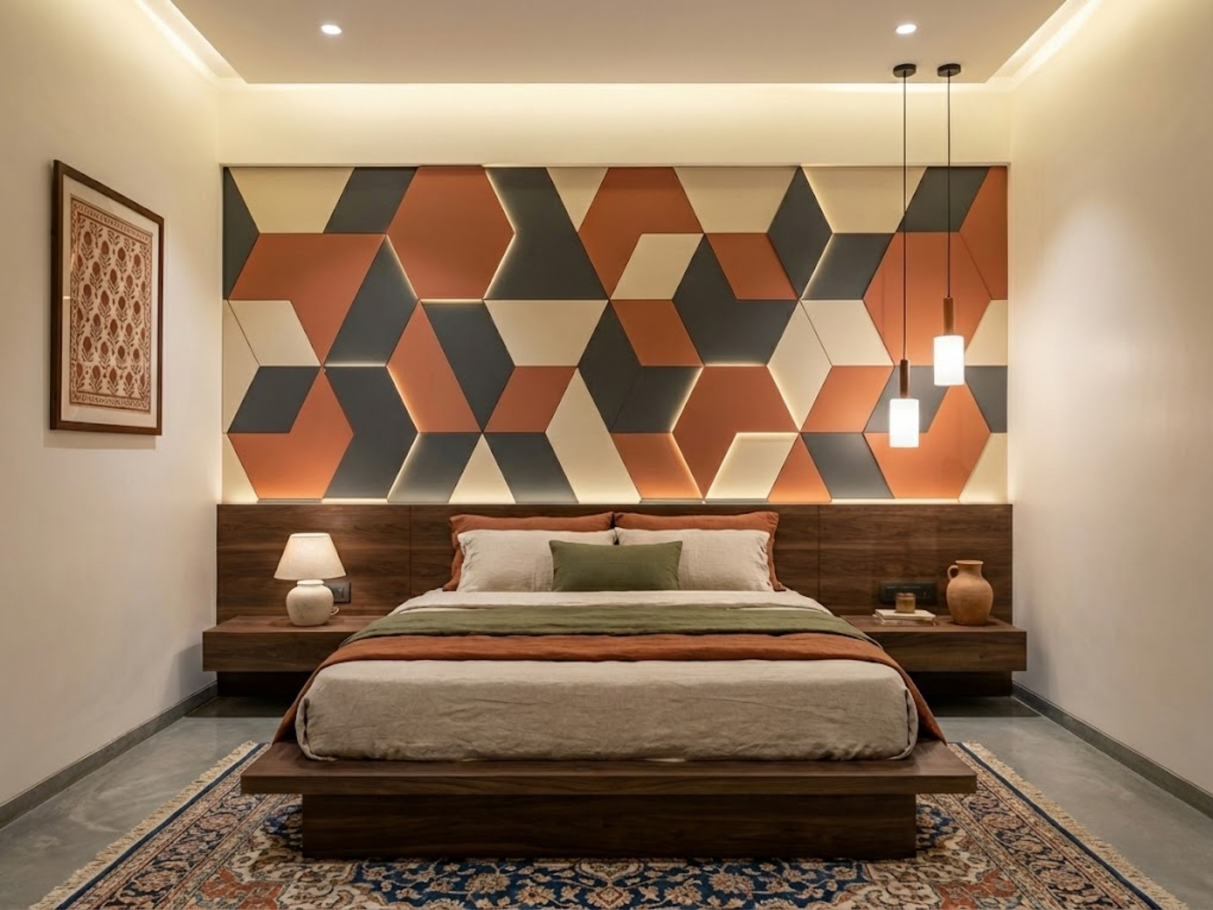 Modern bedroom with grey bed and warm lighting - Beautiful Homes