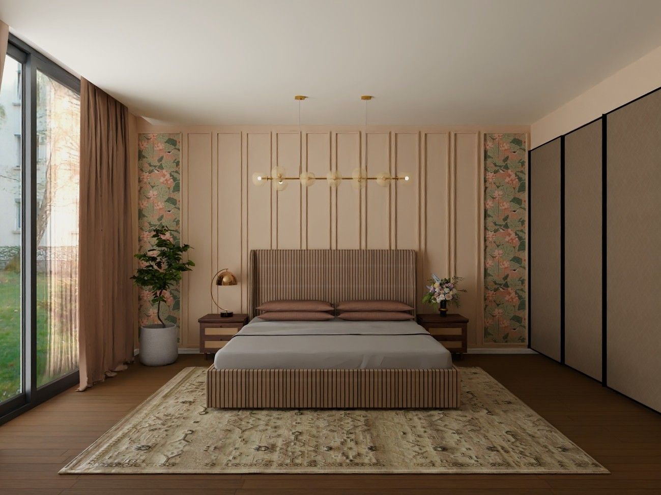 Elegant bedroom featuring a slatted wooden bed, floral wallpaper, and a gold chandelier - Beautiful Homes