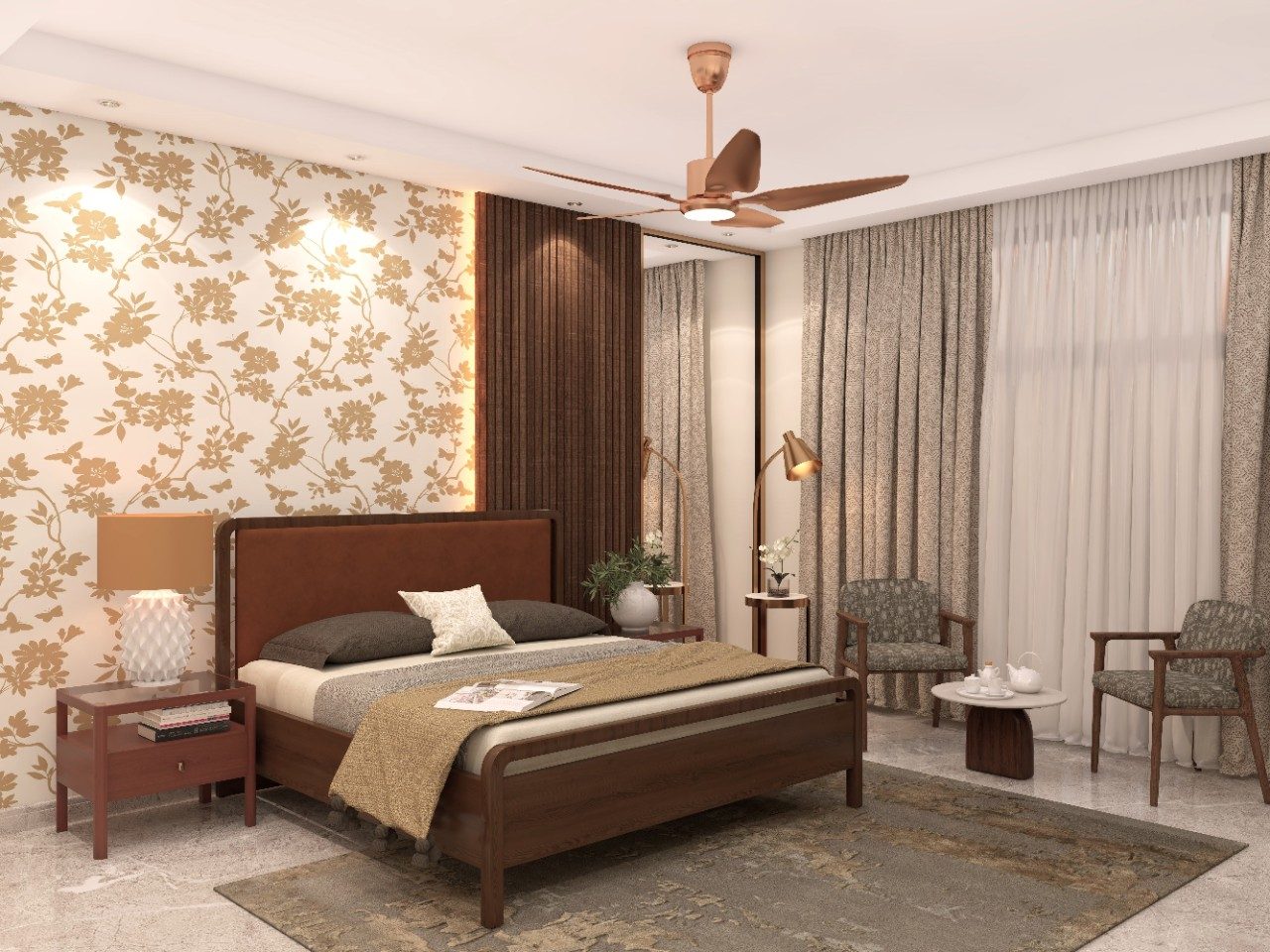 Modern Indian bedroom with wooden bed and floral wallpaper with gold accents - Beautiful Homes