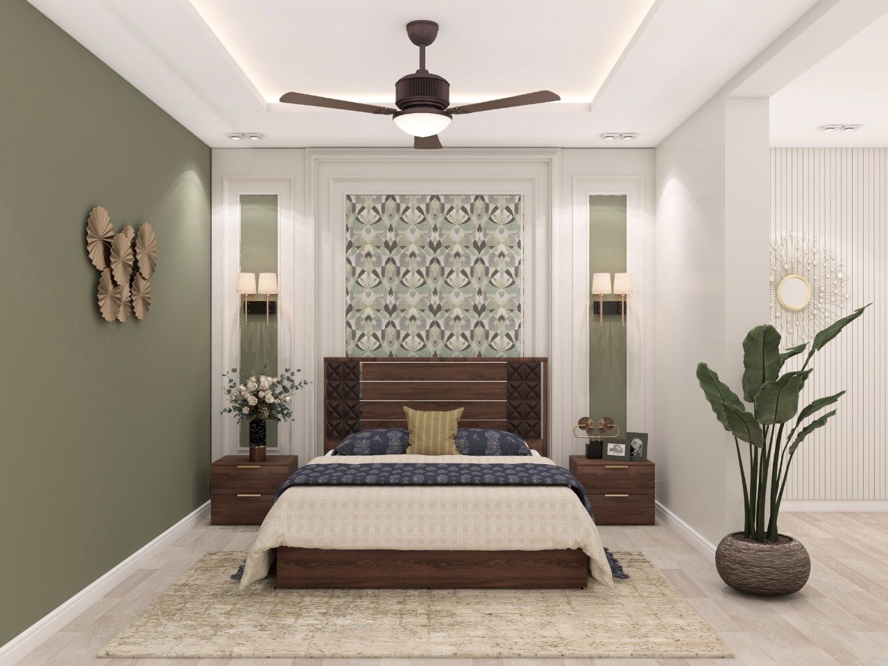 Modern bedroom with green walls and wooden accents - Beautiful Homes